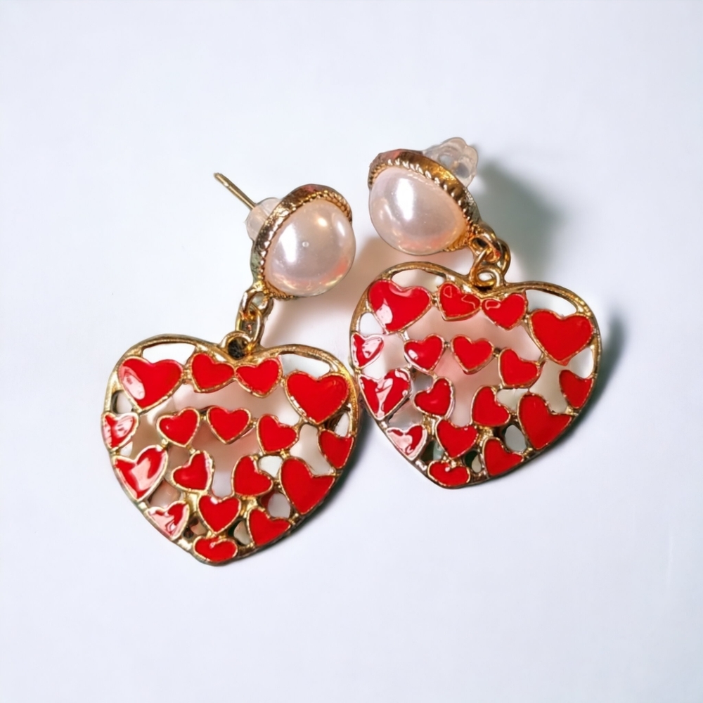 BOUTIQUE • gold tone filigree red enamel faux pearl heart shaped dangle earrings